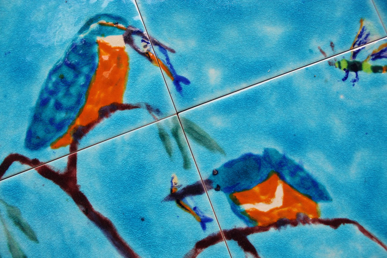 Bespoke hand painted Kingfisher tiles Kingfisher tile mural for a kitchen splashback