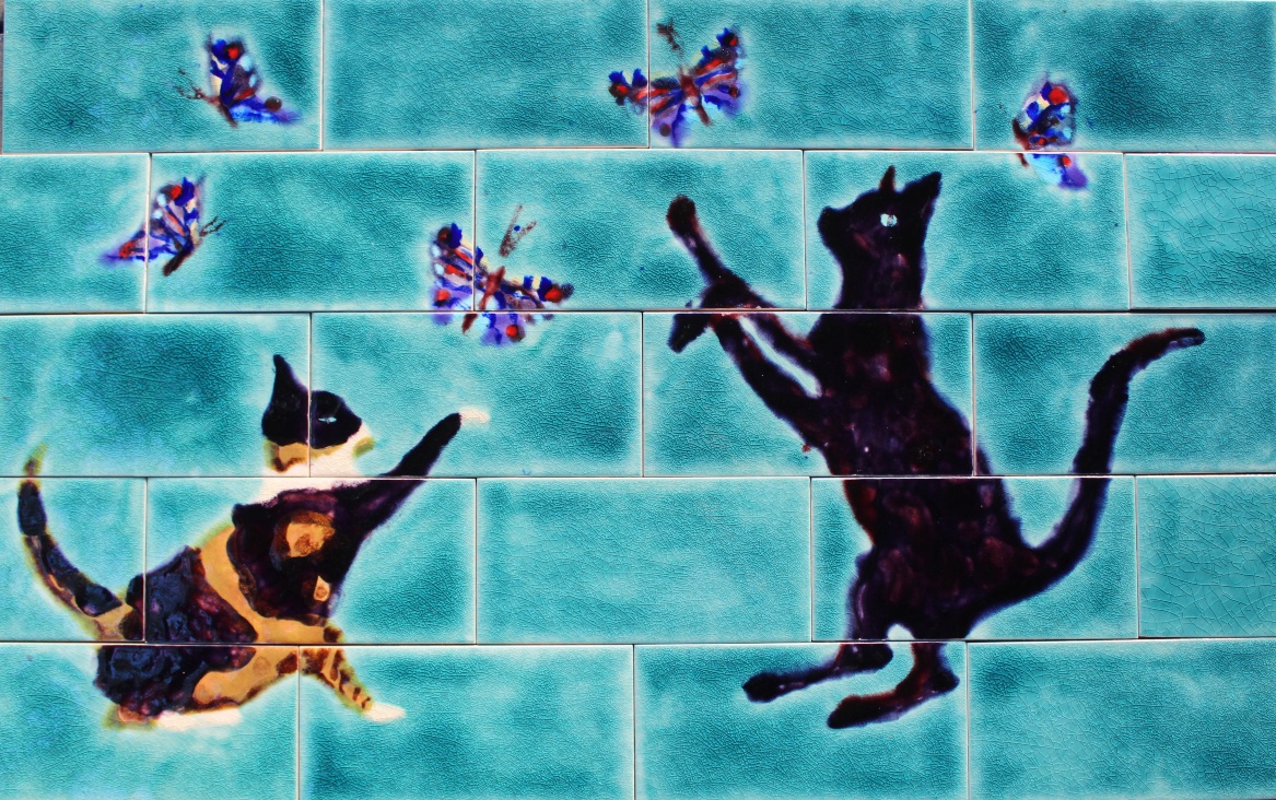 decorative art tile splashback mural with Cats & Butterflies 