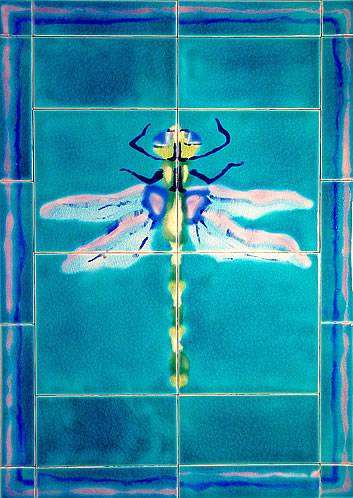 Hand painted Dragonfly tile mural with tile borders.