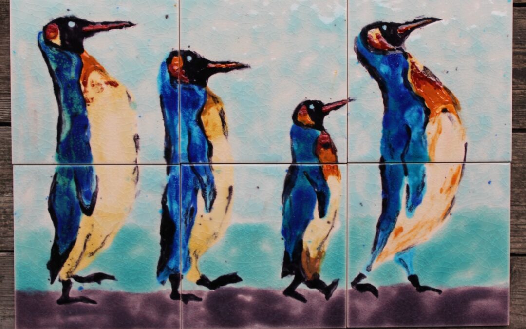Penguin hand decorated tile splashback mural