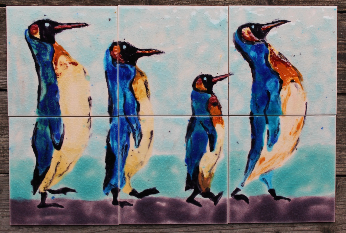 Penguin hand decorated tile splashback mural