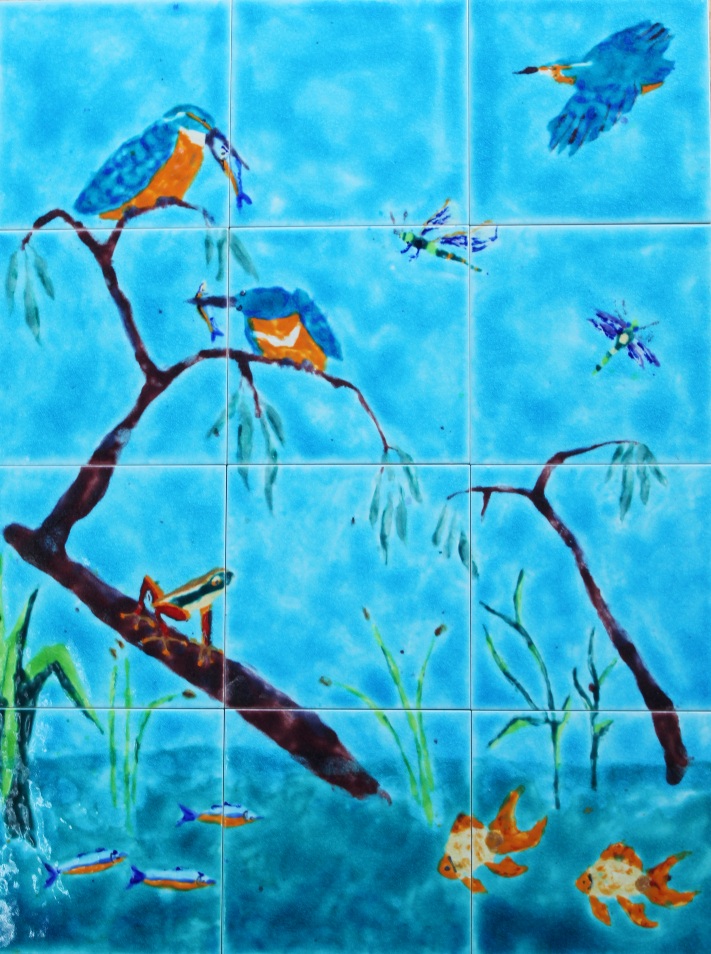 Kitchen kingfisher tile mural Kingfisher hand painted tile mural with fish & frogs/