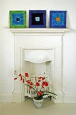 Florida Squares - abstract expressionist handmade tiles sitting on mantlepiece