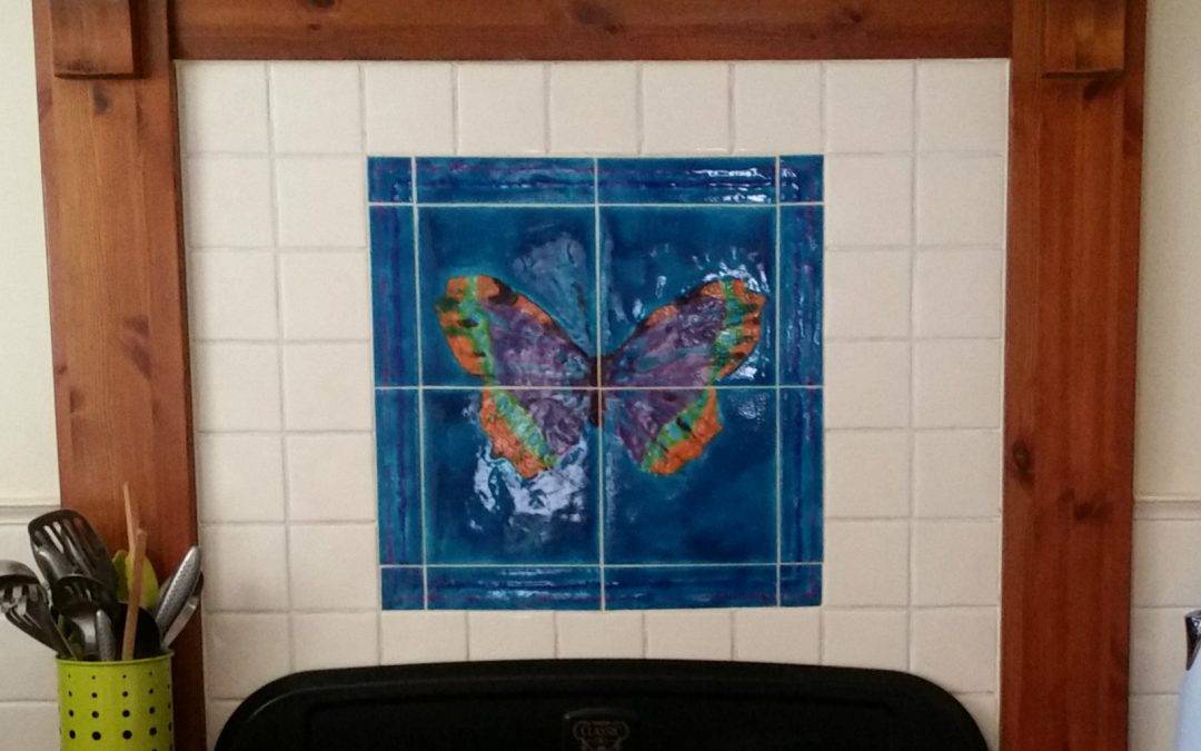 Hand painted custom made 4 tile Butterfly tile mural