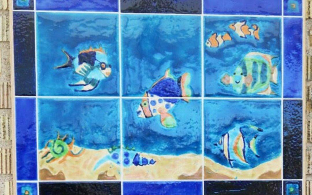 Hand decorated bespoke Marine Life 6 tile panel