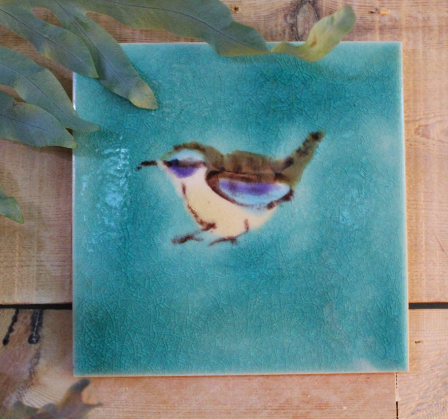 wren HT celadon handmade bird hanging picture tile