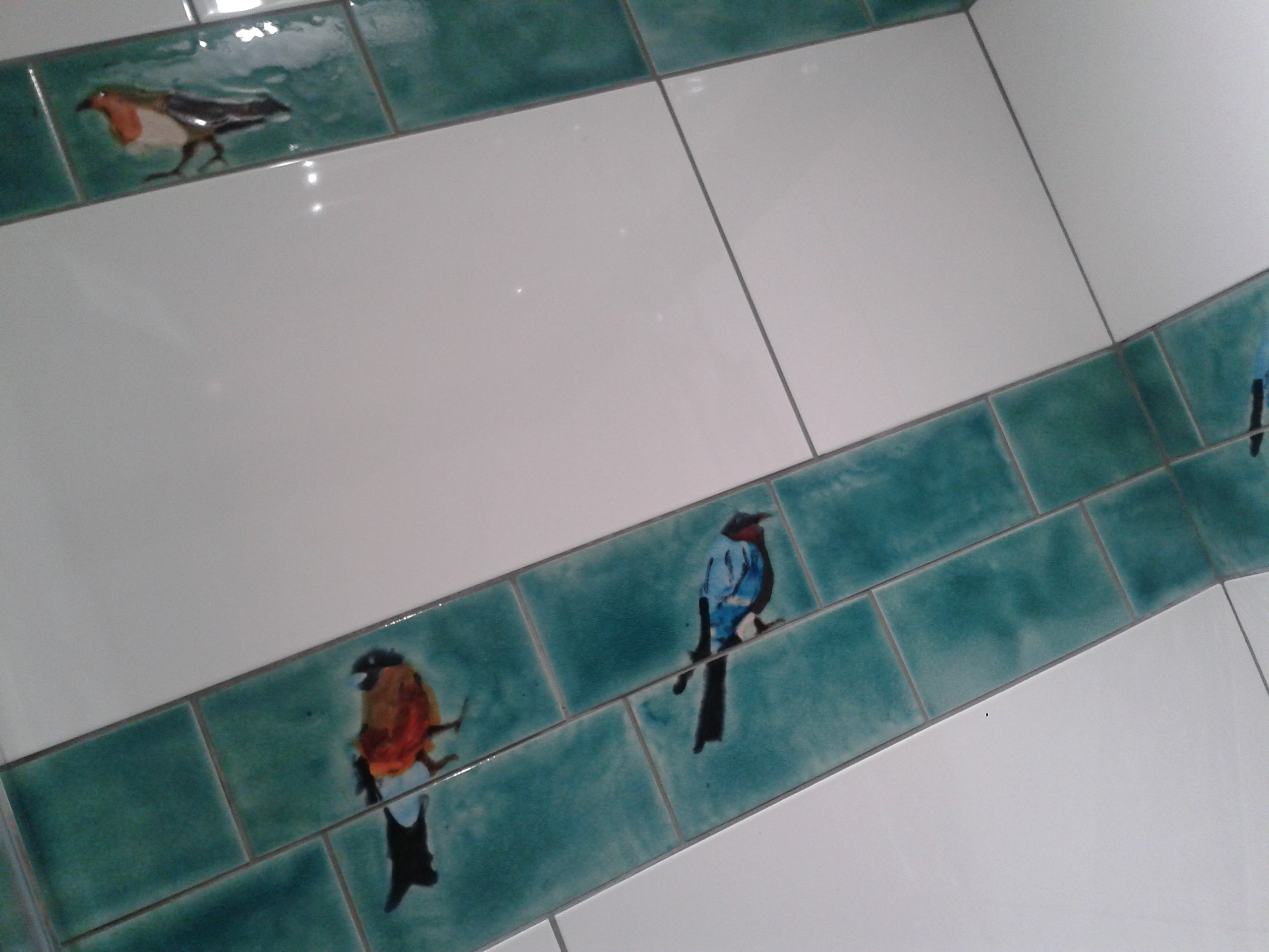 Selection of Garden Bird tiles with matching plain tiles & white tiles in a shower