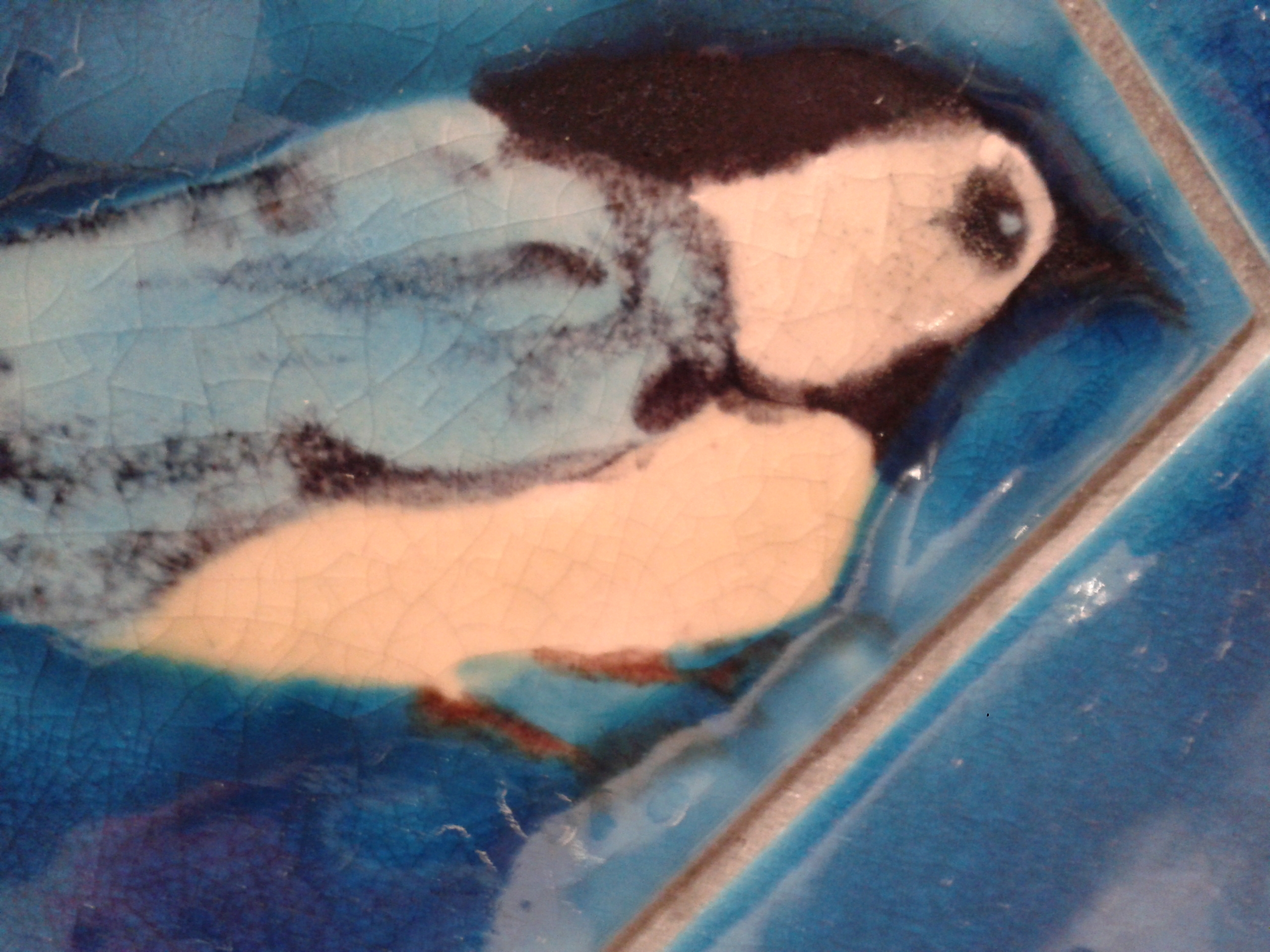 Detail of Great Tit bird tile on Turquoise background