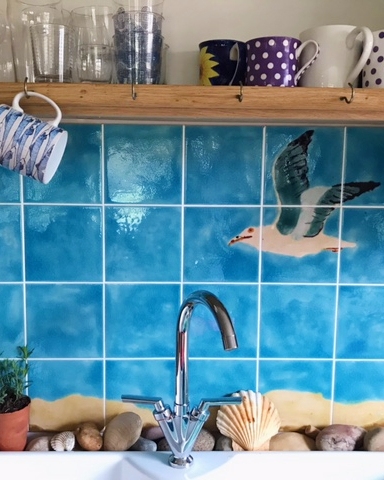 custom made Seagull tile mural in a kitchen